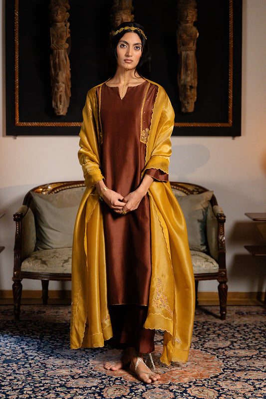 Women's Dark Chocolate Brown and Mustard Chanderi Silk Festive Kurta Set