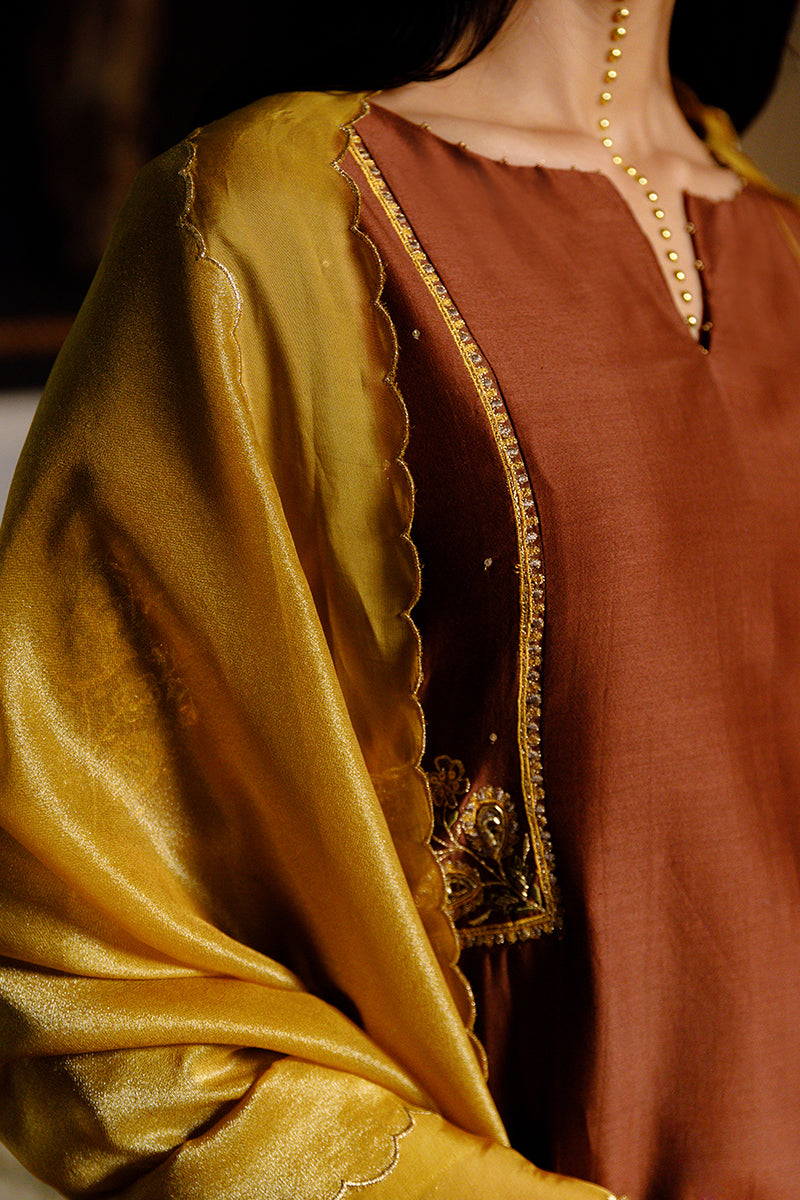 Women's Dark Chocolate Brown and Mustard Chanderi Silk Festive Kurta Set