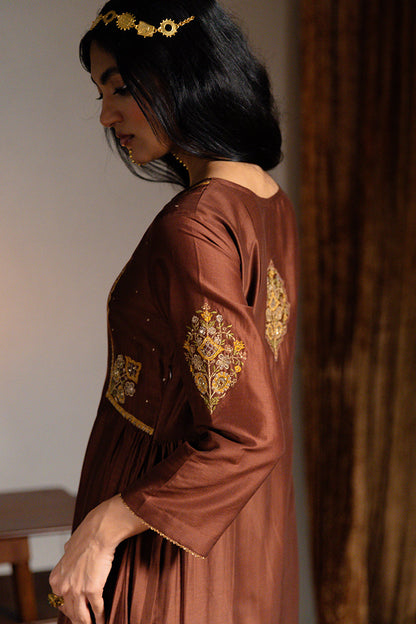 Women's Dark Chocolate Brown and Mustard Chanderi Silk Festive Kurta Set