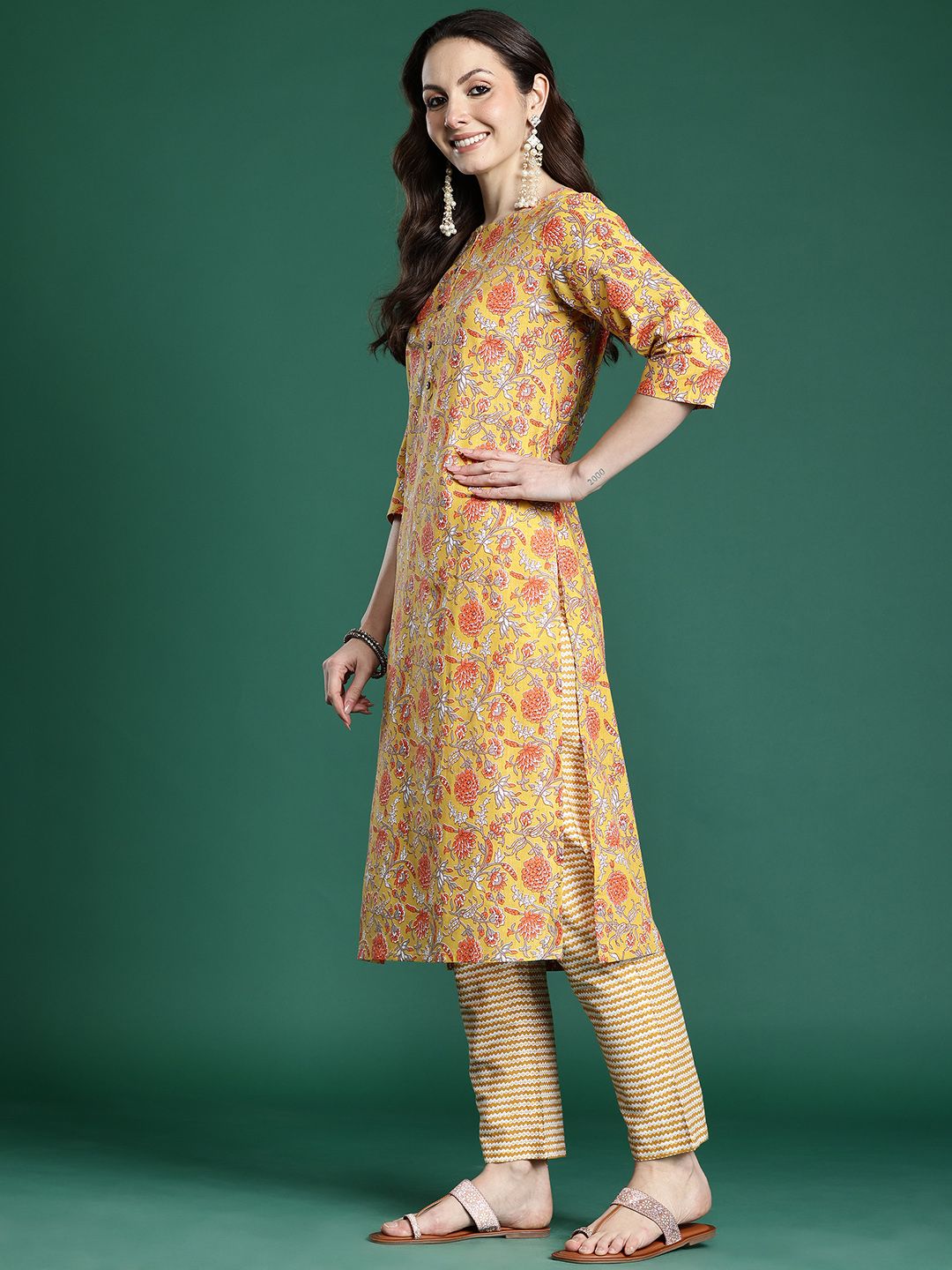 Floral Printed Pure Cotton Kurta with Trousers & With Dupatta