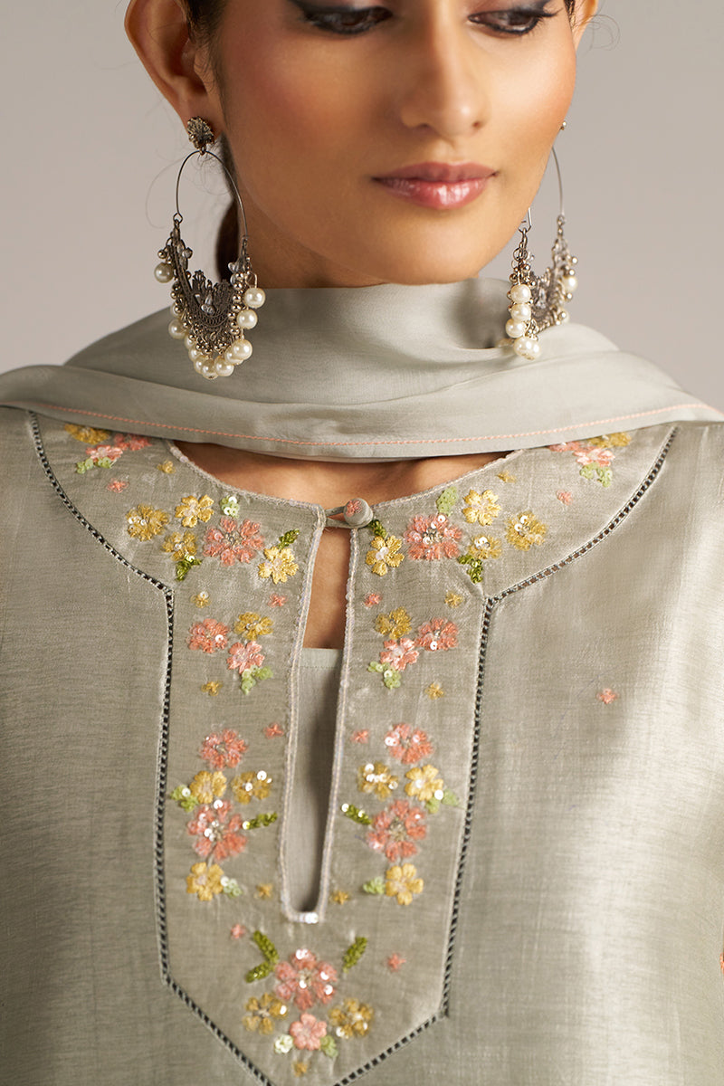 Dhiyona GF Women's Seagrass Grey Raw Silk Festive Kurta Set