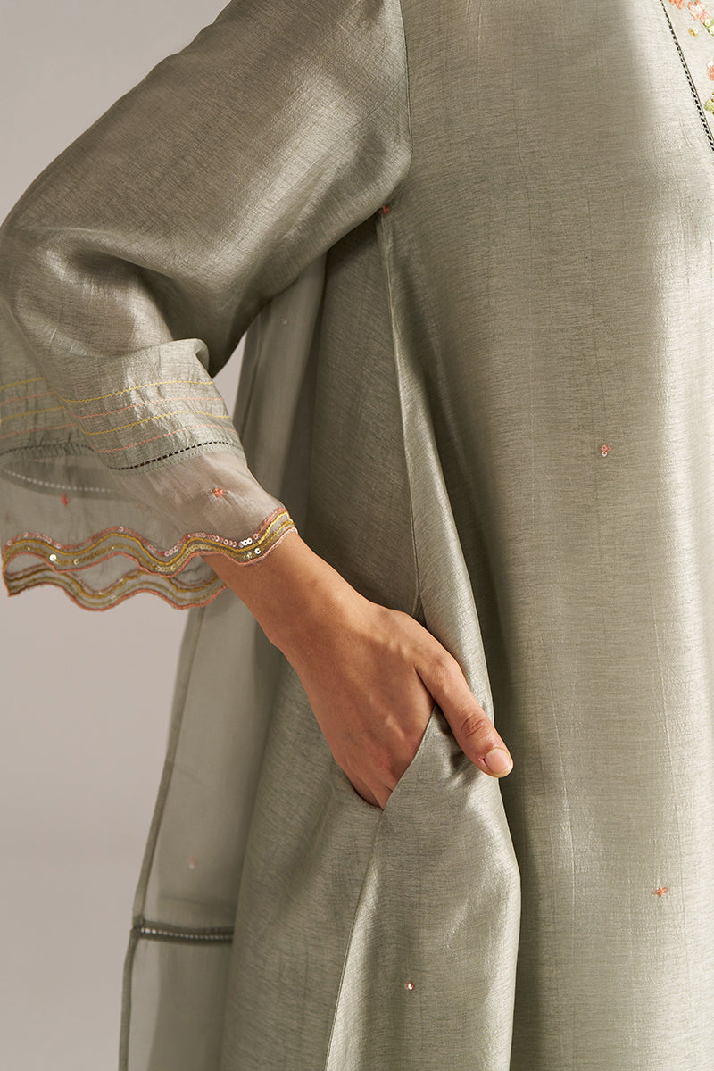 Dhiyona GF Women's Seagrass Grey Raw Silk Festive Kurta Set