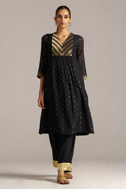Dhiyona GF Women's Black Zari Woven Mul-Chanderi Festive Co-ord Set