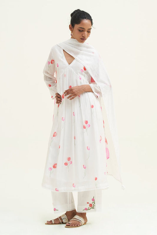 Women's White Bougainvillea Printed Salwar Suit