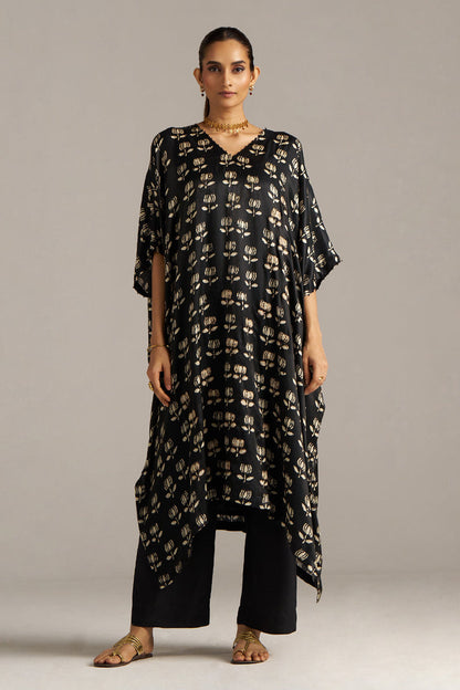 Dhiyona GF Women's Black Lotus Print Gaji Silk Festive Kaftaan Set ( Co-ord Set )