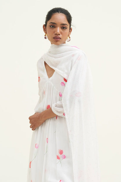 Women's White Bougainvillea Printed Salwar Suit