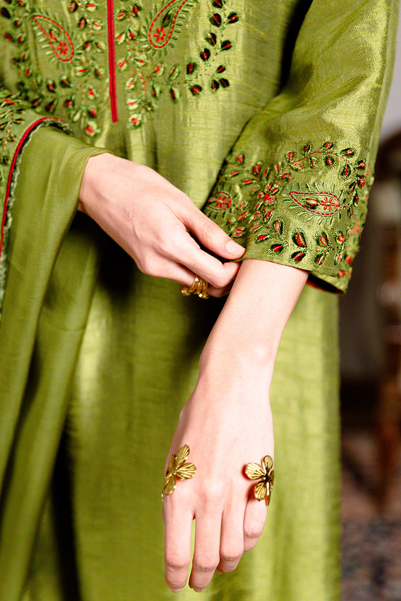 Women's Green Olive Raw Silk Festive Kurta Set