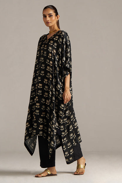 Dhiyona GF Women's Black Lotus Print Gaji Silk Festive Kaftaan Set ( Co-ord Set )