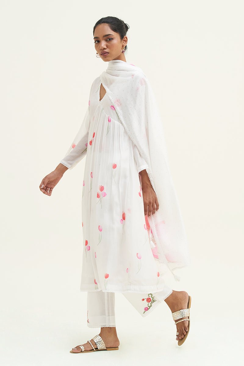 Women's White Bougainvillea Printed Salwar Suit