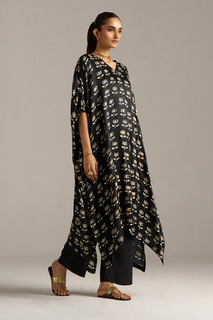 Dhiyona GF Women's Black Lotus Print Gaji Silk Festive Kaftaan Set ( Co-ord Set )