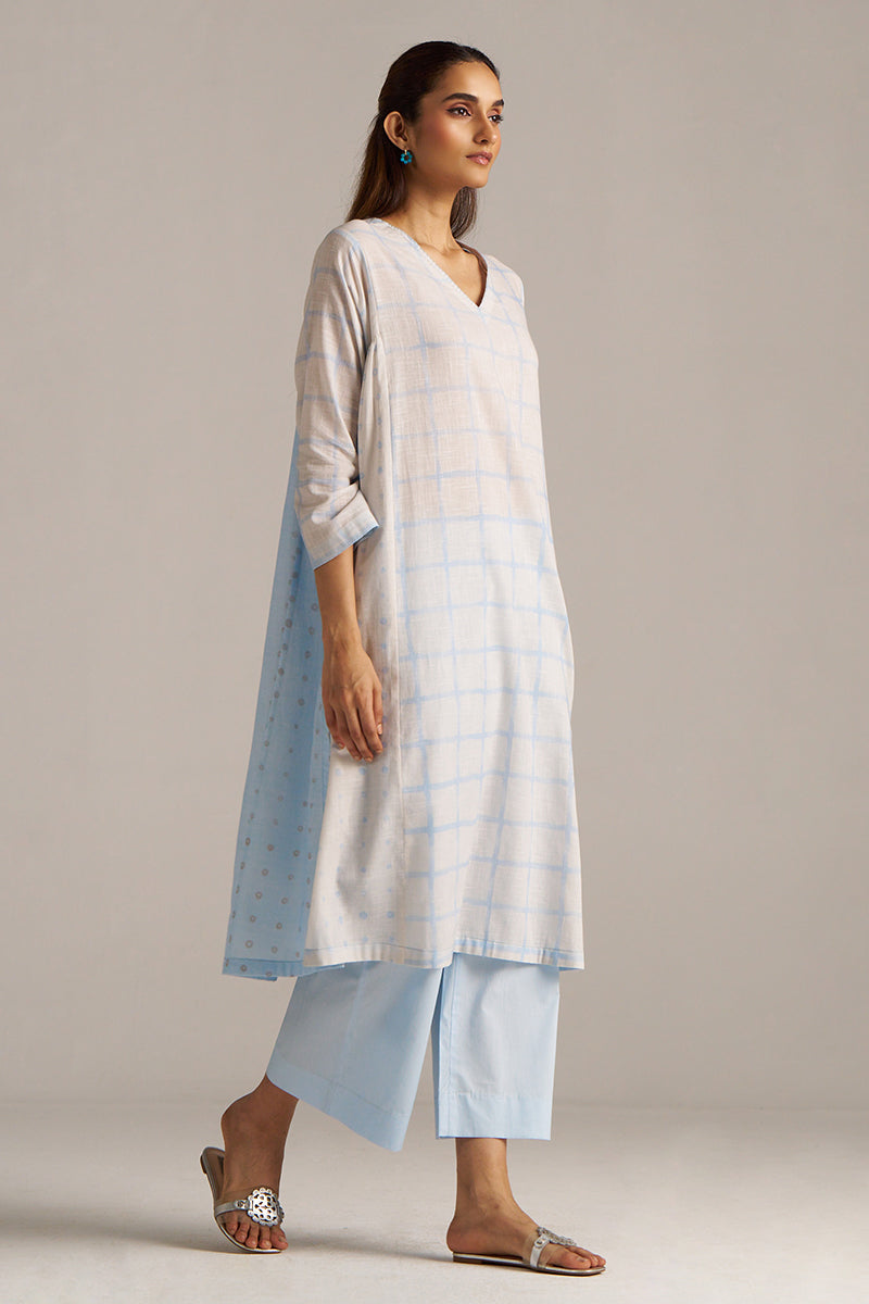 Dhiyona GF Women's Baby Blue and Off-White Check Print Linen Co-ord Set