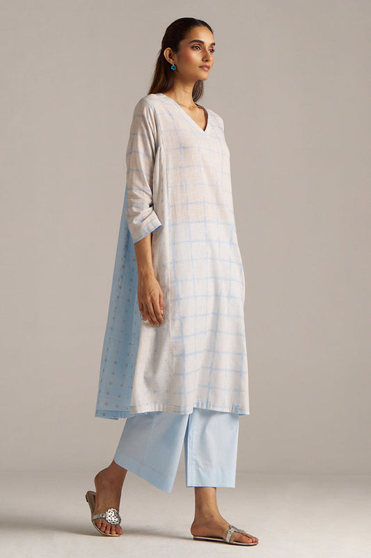 Dhiyona GF Women's Baby Blue and Off-White Check Print Linen Co-ord Set