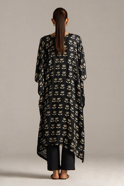 Dhiyona GF Women's Black Lotus Print Gaji Silk Festive Kaftaan Set ( Co-ord Set )