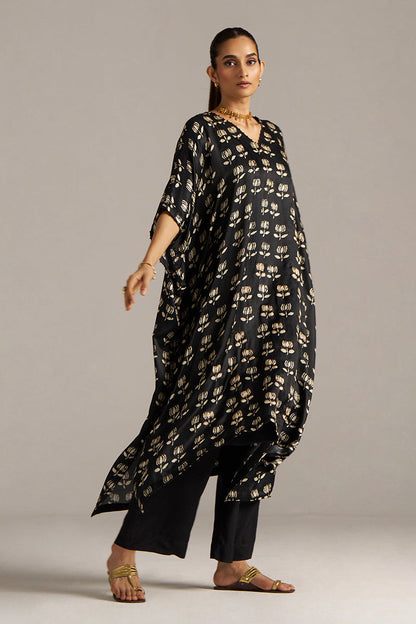 Dhiyona GF Women's Black Lotus Print Gaji Silk Festive Kaftaan Set ( Co-ord Set )
