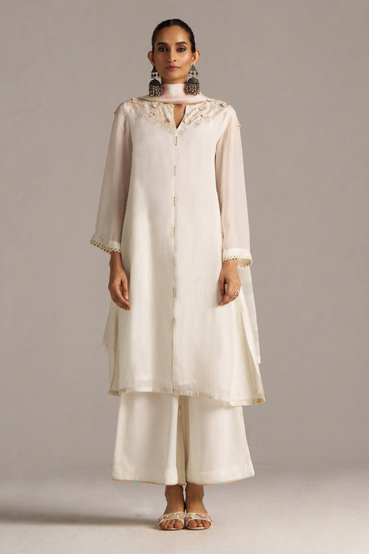 Dhiyona GF Women's Cloud White Bemberg Silk Kurta Set