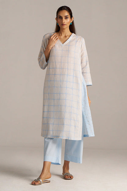 Dhiyona GF Women's Baby Blue and Off-White Check Print Linen Co-ord Set