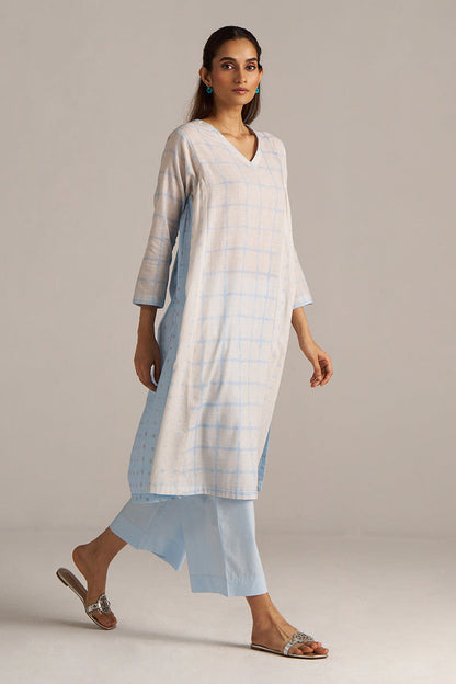 Dhiyona GF Women's Baby Blue and Off-White Check Print Linen Co-ord Set