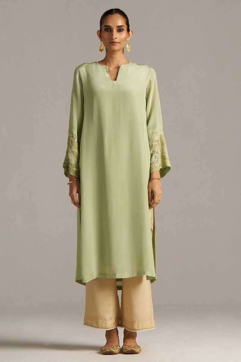 Dhiyona GF Women's Celadon Green And Beige Crepe Silk Co-ord Set
