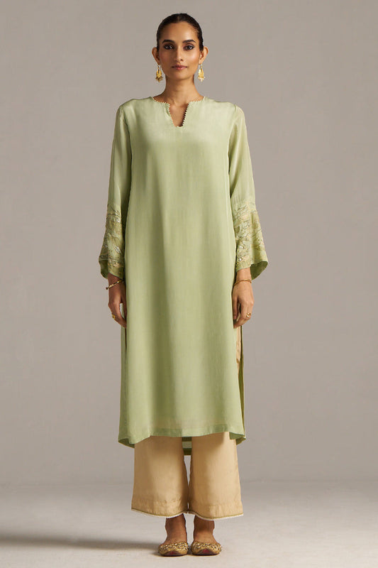 Dhiyona GF Women's Celadon Green And Beige Crepe Silk Co-ord Set