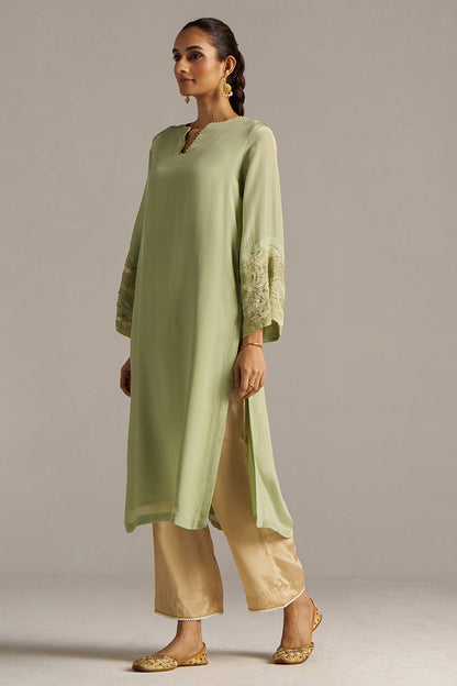 Dhiyona GF Women's Celadon Green And Beige Crepe Silk Co-ord Set
