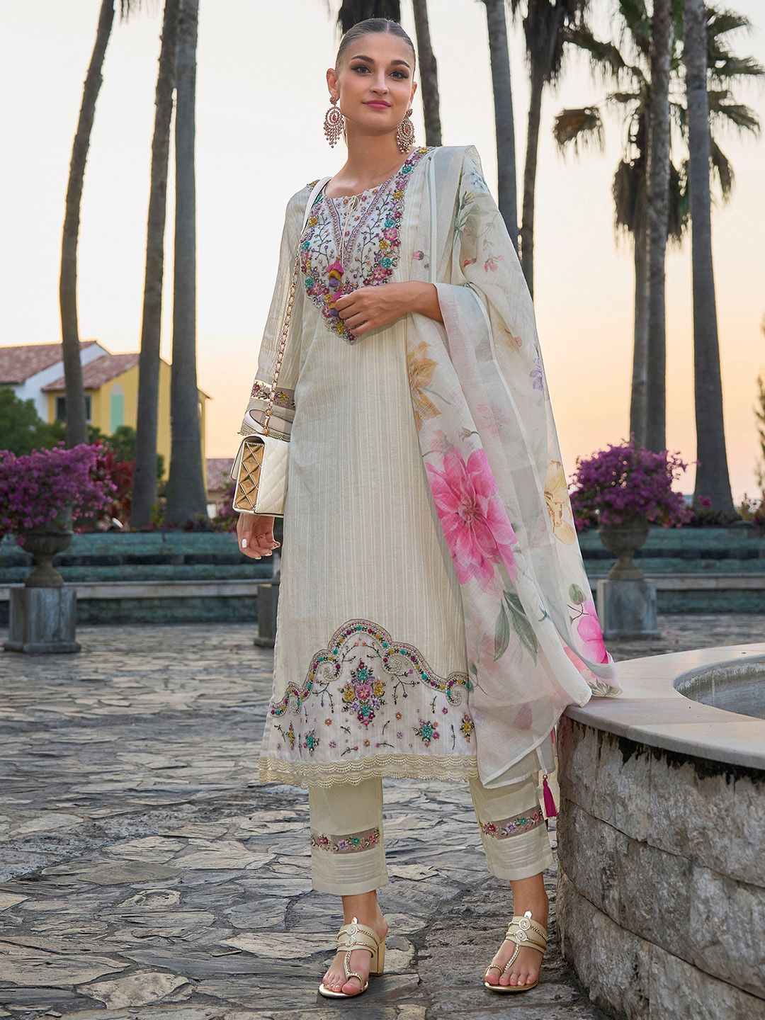 Dhiyona IE Floral Embroidered Round Neck Pure Cotton Straight Kurta with Trousers & Dupatta