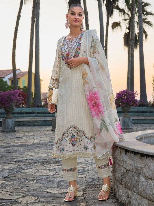 Floral Embroidered Round Neck Pure Cotton Straight Kurta with Trousers & Dupatta