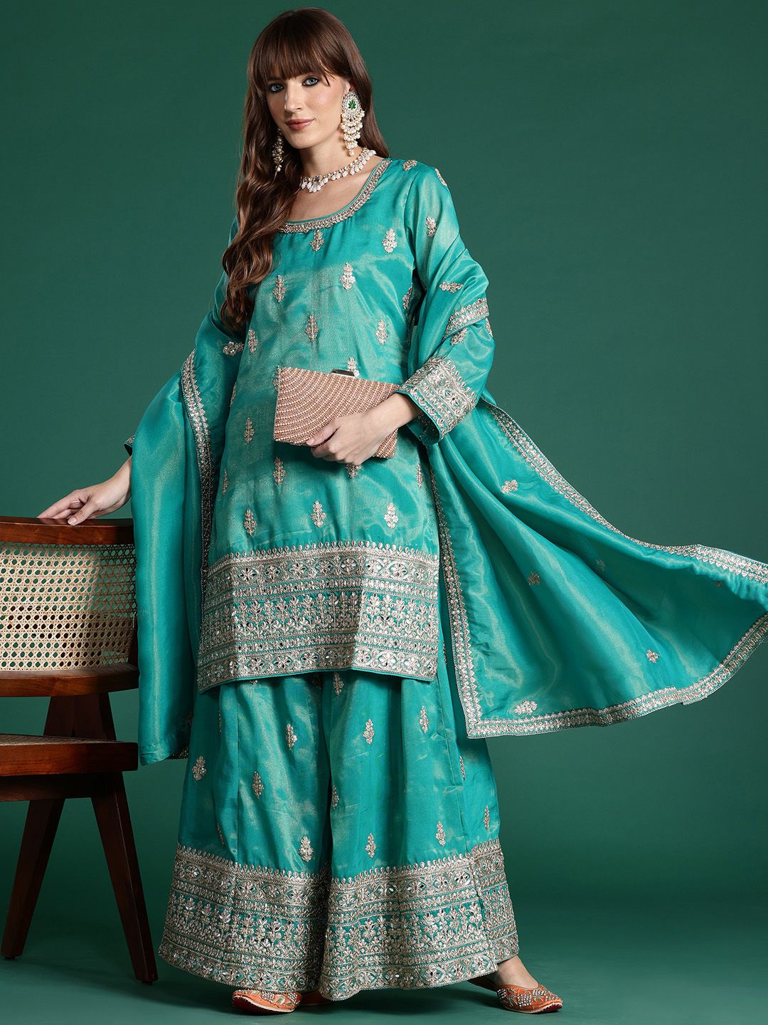Dhiyona IE Ethnic Motifs Embroidered Sequinned Kurta with Palazzos & Dupatta