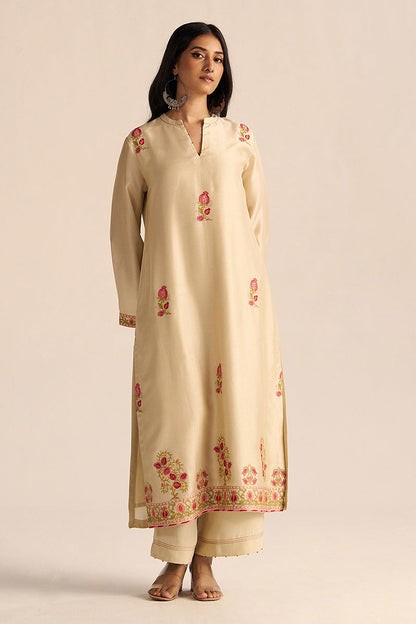 Dhiyona GF Women's Mascarpone Cream Raw Silk Embroidered Co-ord Set