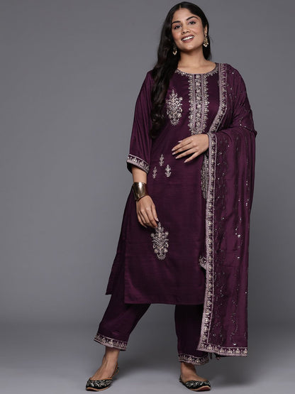 Dhiyona IE Plus Size Ethnic Motifs Embroidered Sequinned Kurta with Trousers & Dupatta
