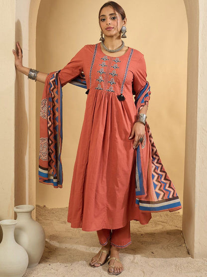Women Floral Embroidered Regular Pure Cotton Kurta with Trousers & Dupatta