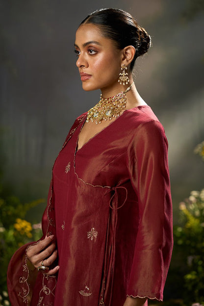 Dhiyona GF rumba red tissue silk angrakha festive kurta set