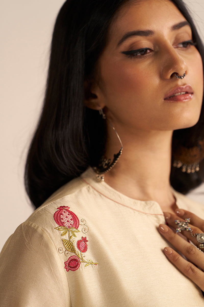 Dhiyona GF Women's Mascarpone Cream Raw Silk Embroidered Co-ord Set