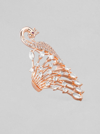 Dhiyona RJ Women's 18K Rose Gold-Plated Peacock Design Cubic Zirconia Studded Finger Ring