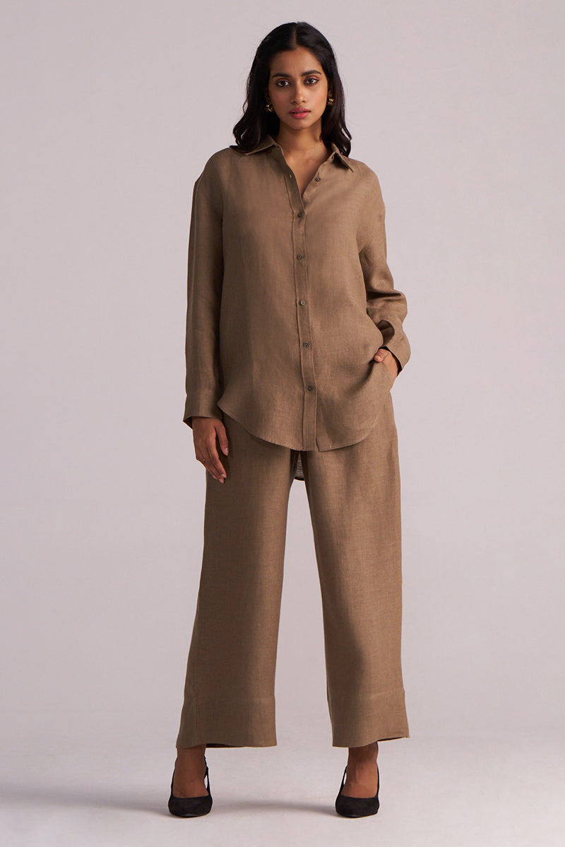 Dhiyona GF Women's Woodsmoke Brown Pure Linen Co-ord Set