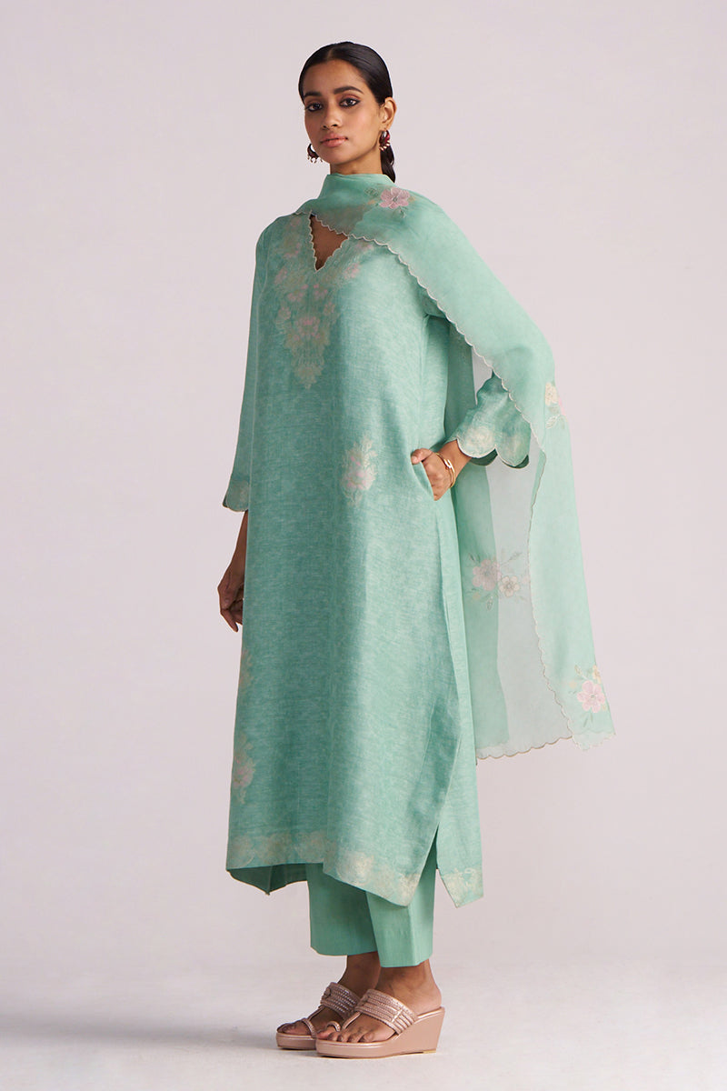 Dhiyona GF Women's Dusty Jade Green Woven Silk Kurta Set
