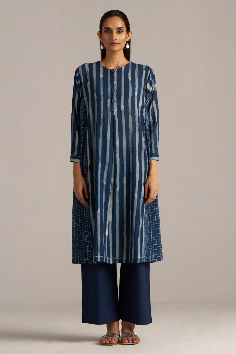 Dhiyona GF Women's Indigo Blue Stripe and Check Print Linen Co-ord Set
