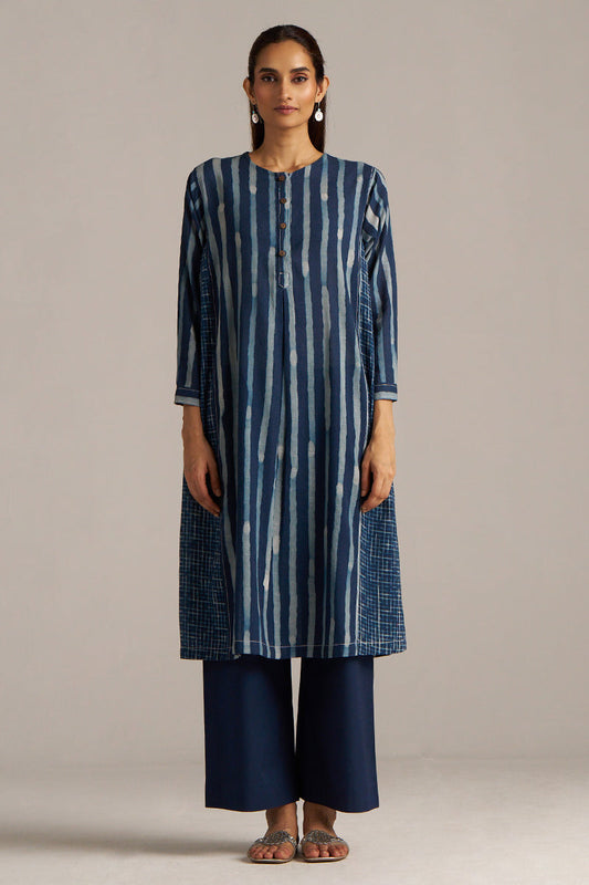 Dhiyona GF Women's Indigo Blue Stripe and Check Print Linen Co-ord Set