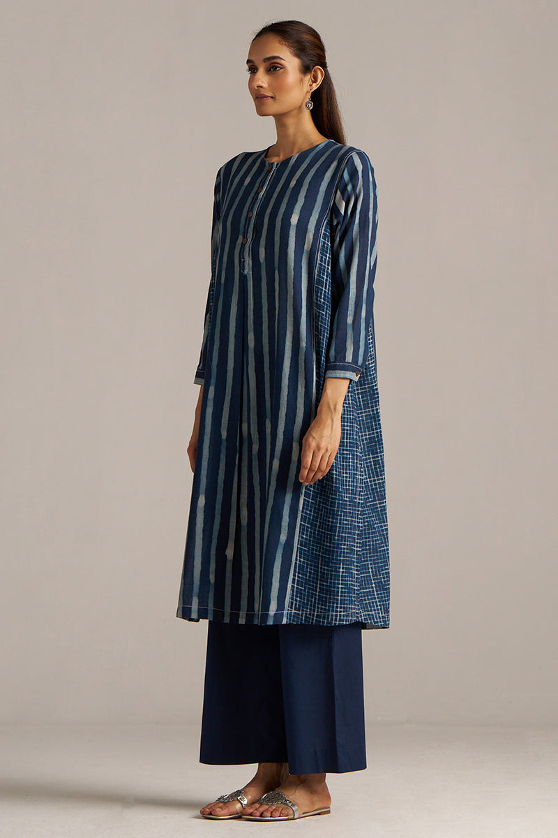 Dhiyona GF Women's Indigo Blue Stripe and Check Print Linen Co-ord Set