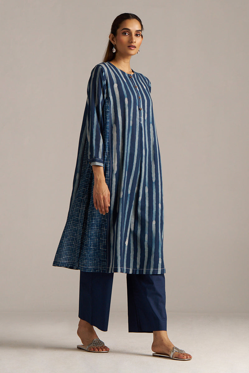 Dhiyona GF Women's Indigo Blue Stripe and Check Print Linen Co-ord Set