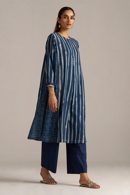 Dhiyona GF Women's Indigo Blue Stripe and Check Print Linen Co-ord Set