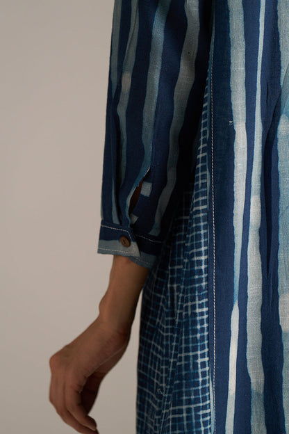 Dhiyona GF Women's Indigo Blue Stripe and Check Print Linen Co-ord Set