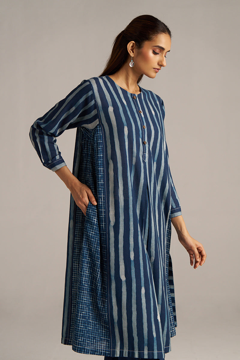 Dhiyona GF Women's Indigo Blue Stripe and Check Print Linen Co-ord Set