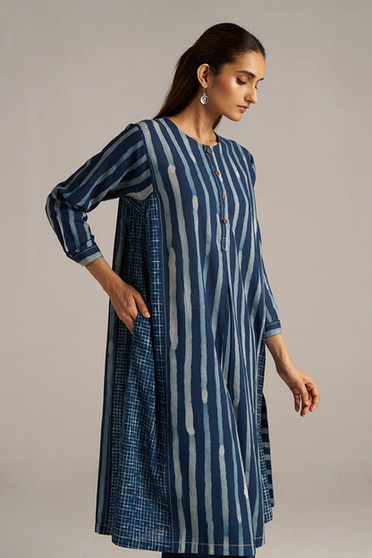 Dhiyona GF Women's Indigo Blue Stripe and Check Print Linen Co-ord Set