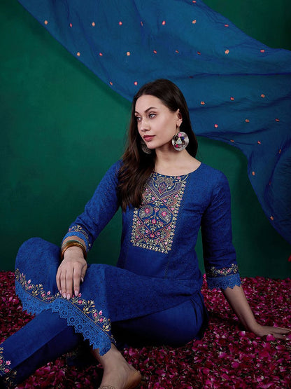 Dhiyona SN Women's Sequin Embroidered Straight Kurta & Trouser With Dupatta