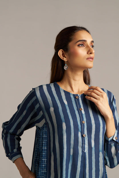Dhiyona GF Women's Indigo Blue Stripe and Check Print Linen Co-ord Set
