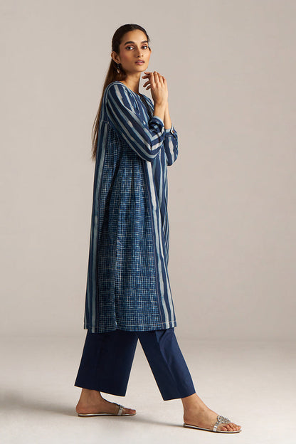 Dhiyona GF Women's Indigo Blue Stripe and Check Print Linen Co-ord Set