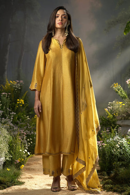 Dhiyona GF honey gold raw silk festive anarkali kurta set