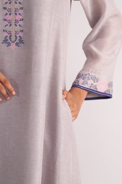 Grey Woven Kurta Set with floral embroidery on a plain background