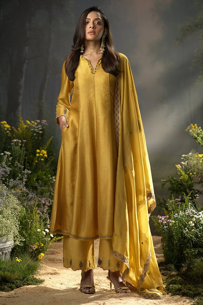 Dhiyona GF honey gold raw silk festive anarkali kurta set