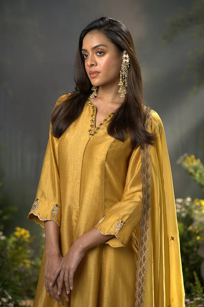 Dhiyona GF honey gold raw silk festive anarkali kurta set